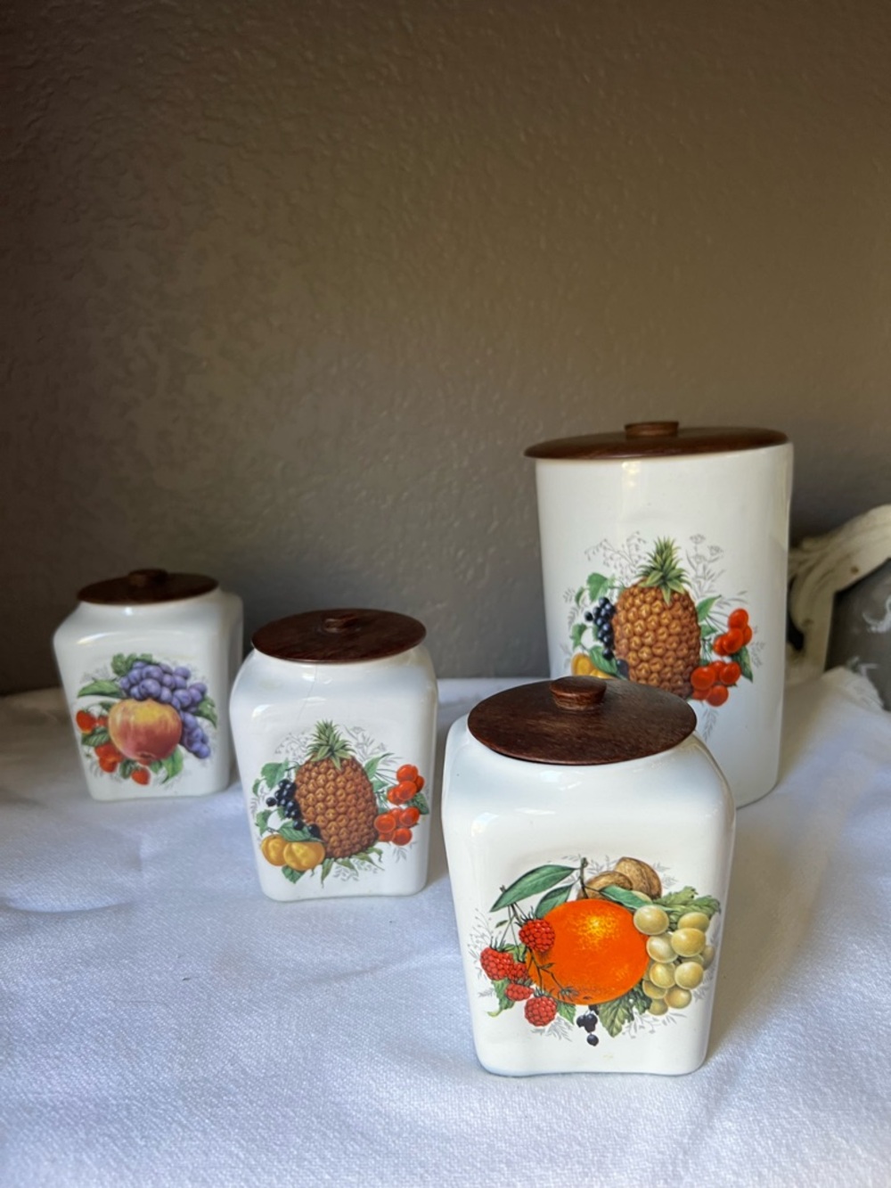 Vintage Fruit Ceramic Canister Set with Wood Lids - White